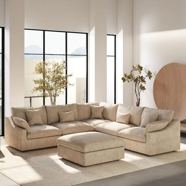 Modular Large 238 in. Flared Arm 6-Piece L-shaped Linen Cloud Couch Sectional Sofa in. Khaki with Ottoman