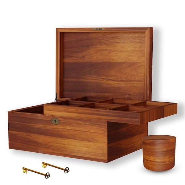 Unbranded Acacia Wood Box with Hinged Lid and Locking Key, Decorative Wooden Box with Divider, Brown, 11 in. x 9 in. x 5 in.