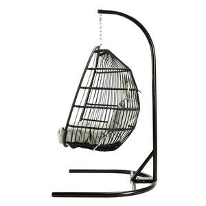 43.3 in. Black Iron Collapsible Patio Swing Chair with Beige Cushions