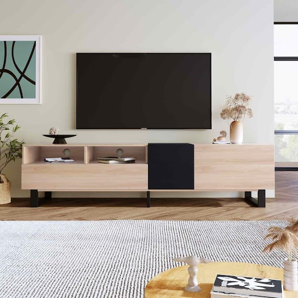 Natural Wood TV Stand Entertainment Center Fits TV's up to 80 in. with Double Storage Space and Drop-Down Door