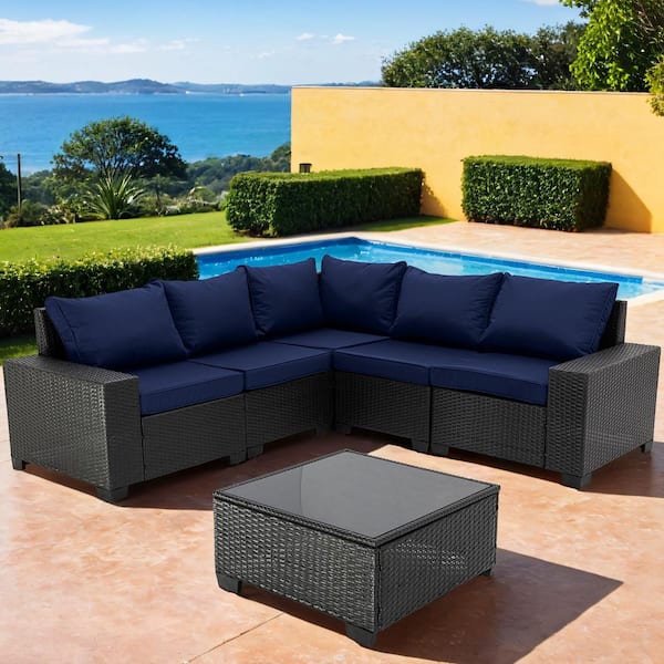Unbranded 6-Piece Dark Brown Broad Armrest Handwoven Rattan Wicker Outdoor Sectional Sofa Set with Dark Blue Cushions