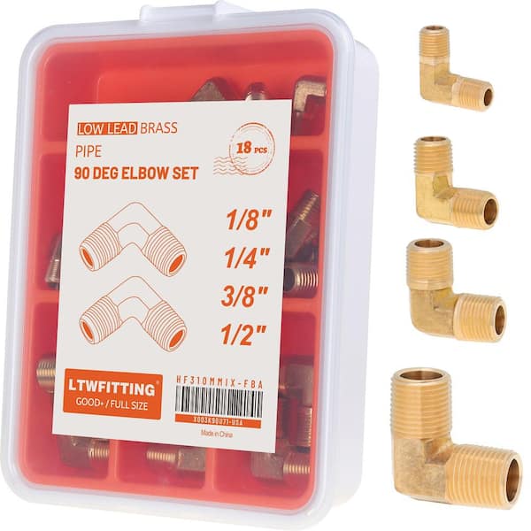 LTWFITTING Assortment Kit 1/8 in. 1/4 in. 3/8 in. 1/2 in. NPT Male Brass Pipe 90 Deg Elbow Set (18-Pack)