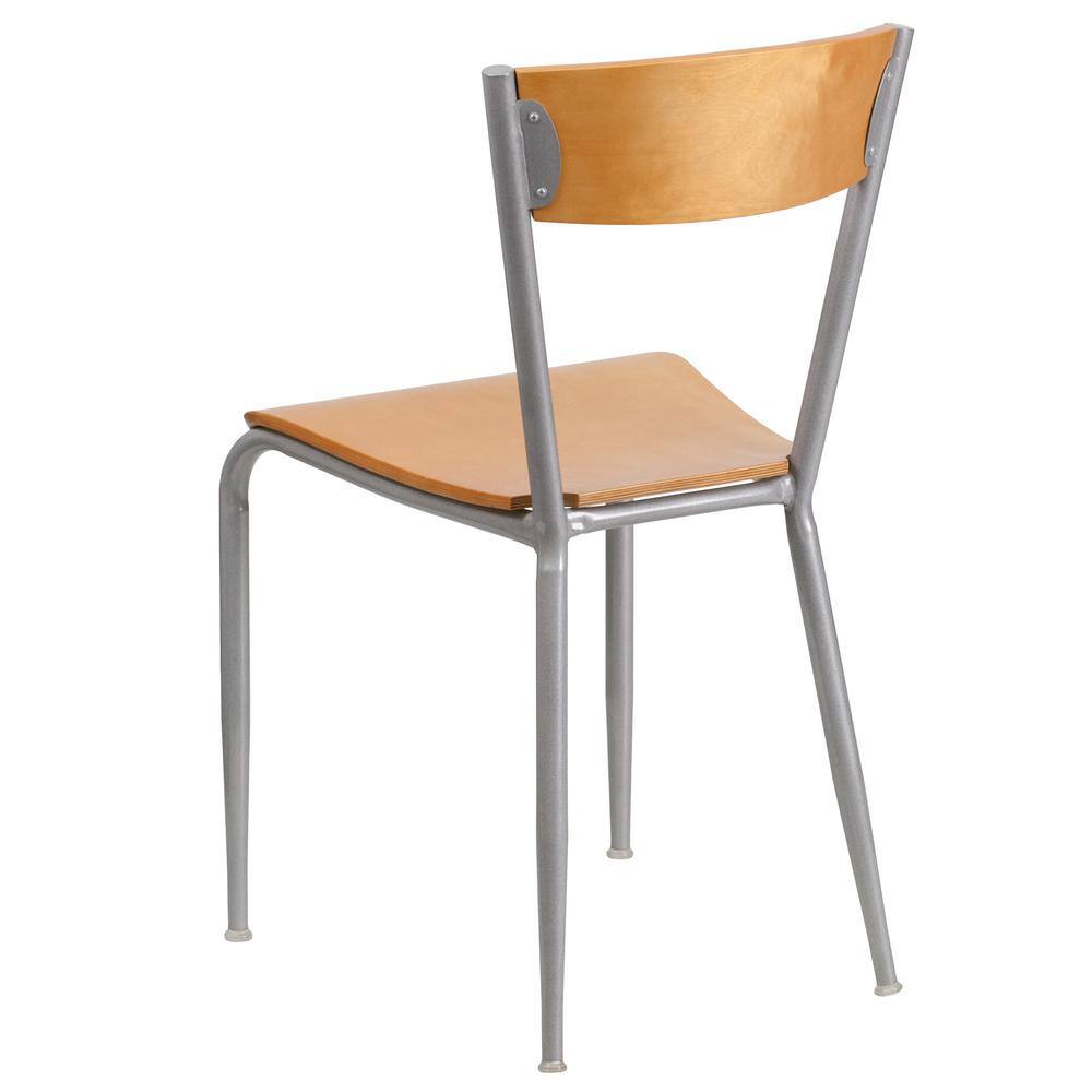 Chic Silver Steel Side Chair with Natural Wood Seat and Back