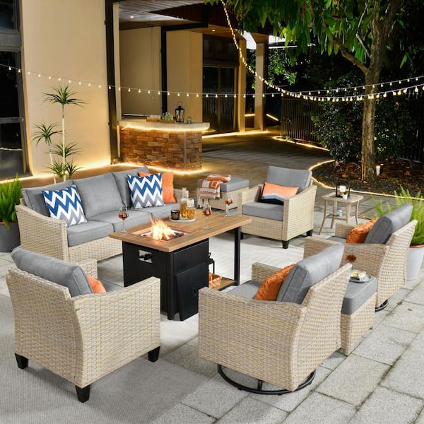 HOOOWOOO Oconee 9-Piece Wicker Patio Conversation Sofa Set with Swivel Rocking Chairs, a Storage Fire Pit and Dark Gray Cushions