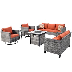 Jupiter 6-Piece Wicker Outdoor Patio Fire Pit Seating Sofa Set and with Orange Red Cushions and Swivel Rocking