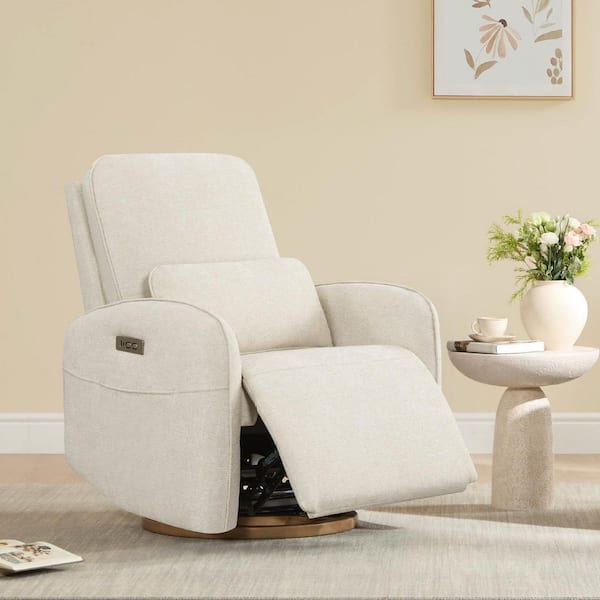 Lina Linen Fabric 270° Swivel Glider Recliner w/Leggett and Platt Mechanism,Lumbar Pillow,Side Pockets, Solid Wood Base