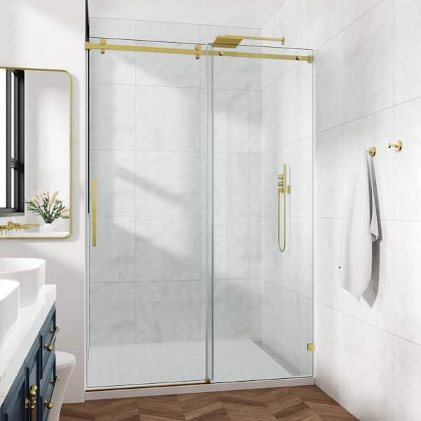 60 in. W x 76 in. H Double Sliding Semi-Frameless Bath Shower Door in Brushed Gold with Easy-Clean 3/8 in. Glass