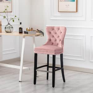 Harper 29 in. High Back Nail Head Trim Button Tufted Pink Velvet Bar Stool with Solid Wood Frame in Black