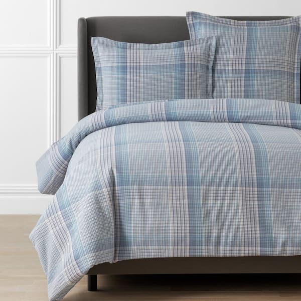 The Company Store Company Cotton Mini Check Plaid Velvet Flannel Blue Twin XL Cotton Duvet Cover
