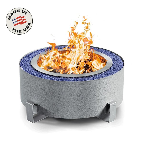 Luxeve Smokeless Stainless Steel Outdoor Fire Pit - Silver Vein Powder-Coated Finish - Includes Dark Blue Glass Rocks