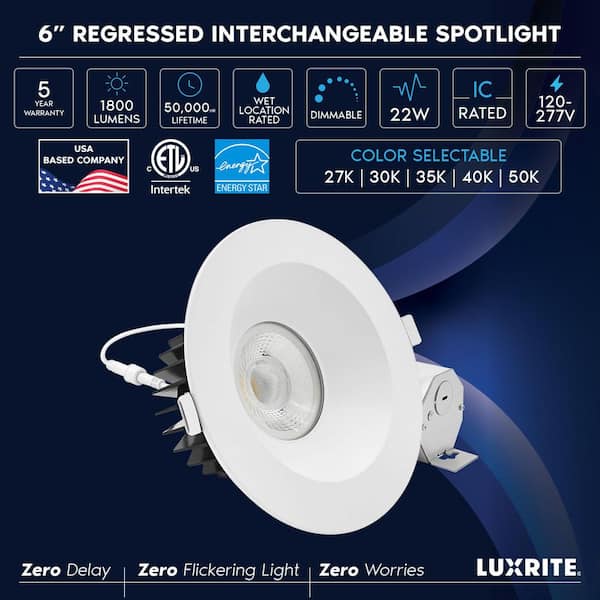6 in. Integrated LED Recessed Light Trim Regressed with Round White Interchangeable Trim 22W 1800LM 5CCT Dimmable 4 Pack