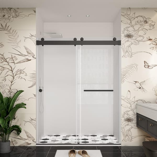 60 in. W x 79 in. H Double Sliding Frameless Soft Close Bypass Bath Shower Door in Matte Black with 3/8 in. Clear Glass