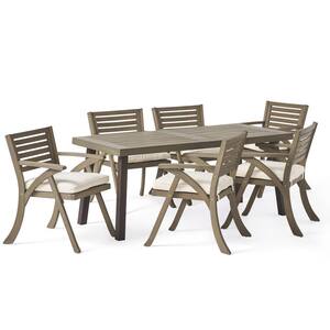 Della Gray 7-Piece Wood Outdoor Dining Set with Cream Cushions
