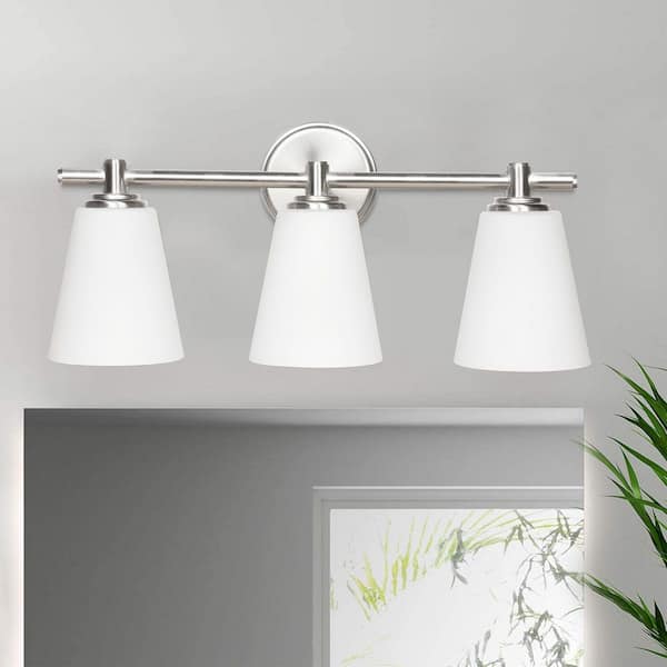 20 in. 3-Light Brushed Nickel Classic Traditional Bathroom Vanity Light Fixture with Opal Frosted Glass Shade
