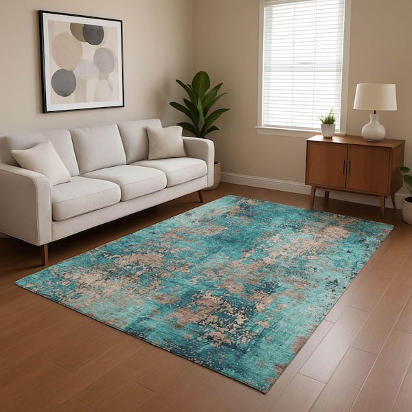 Mayfield Premium Machine Washable Abstract AMF1789 Teal 10 ft. x 14 ft. Area Rug