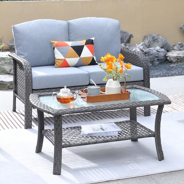 weaxty W Hyacinth Gray 2-Piece Wicker Patio Outdoor Conversation Loveseat Set with a Coffee Table and Light Gray Cushions