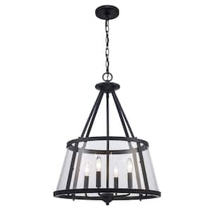 Lincoln 20 in. 4-Light Black Pendant Light Fixture with Metal and Clear Glass Shade