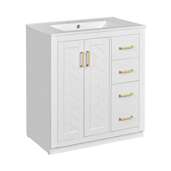 30in. W x 18in. D x 34in. H Freestanding Solid Wood Bath Vanity in White with White Ceramic Undermount Sink
