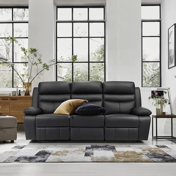 Edelia 86.5 in. W Pillow Arm Leather Rectangle 2-Piece Manual Double Reclining Sofa Set in Black