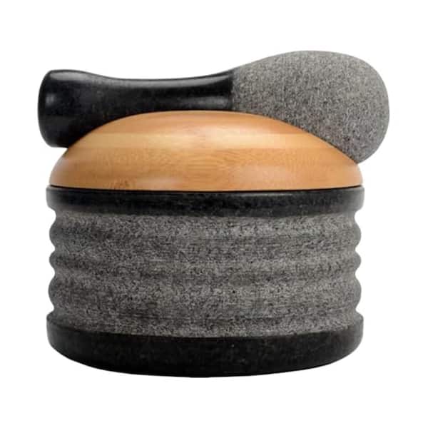 Granite Mortar and Pestle Set with Bamboo Lid Gray 5 Inch Manual Spice Grinder Guacamole Salsa Bowl Gift Box
