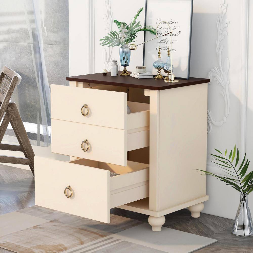 ANBAZAR Stylish and Chic 3-Drawer Antique White Wood Cabinet Nightstand ...