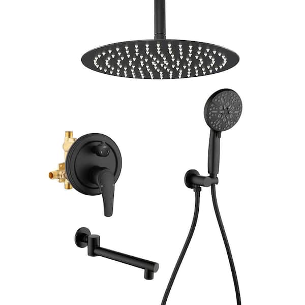 Single Handle 3-Spray Tub and Shower Faucet 2.5 GPM, 12 in. Head Shower and Hand Shower in Matte Black Valve Included
