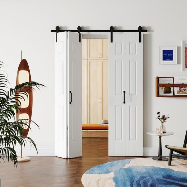 48 in. x 84 in. (Double 24 in. W Doors) White Finished, MDF 6-Panel Bi-Fold Style Sliding Barn Door with Hardware Kit