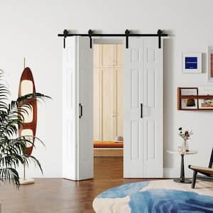 48 in. x 84 in. (Double 24 in. W Doors) White Finished, MDF 6-Panel Bi-Fold Style Sliding Barn Door with Hardware Kit