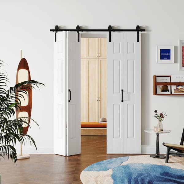 TENONER 48 in. x 84 in. (Double 24 in. W Doors) White Finished, MDF 6-Panel Bi-Fold Style Sliding Barn Door with Hardware Kit