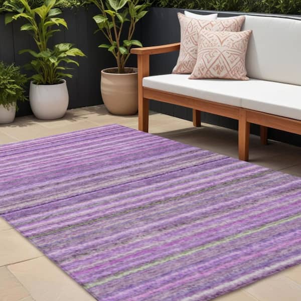 Purple, Eggplant, Lilac 10 ft. x 14 ft. Woven Striped Polyester Rectangle Indoor / Outdoor Area Rug