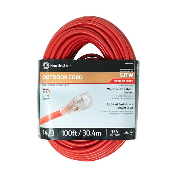 Southwire 100 ft. 14/3 SJTW Medium-Duty 13 Amp General Purpose Extension Cord with Lighted End