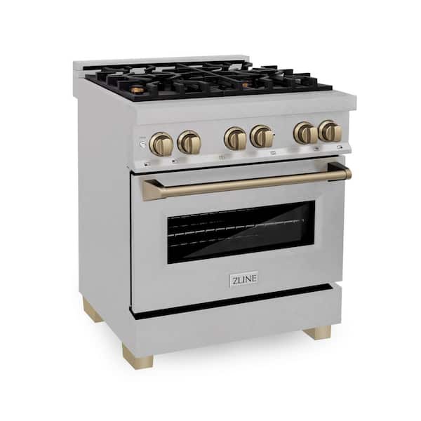 ZLINE Kitchen and Bath Autograph Edition 30 in. 4 Burner Dual Fuel Range in Fingerprint Resistant Stainless Steel and Champagne Bronze