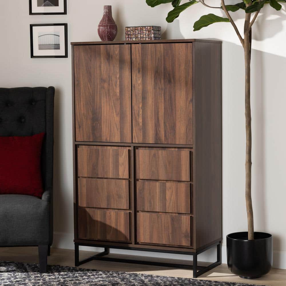Neil Walnut Brown Wood and Black Metal Storage Cabinet