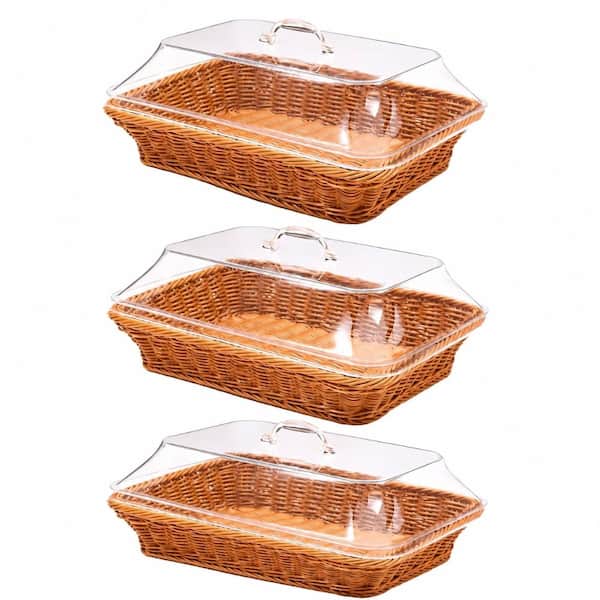 Natural Brown Poly Wicker Rectangular Bread Basket Set with Clear Acrylic Lids, 3-Piece Set