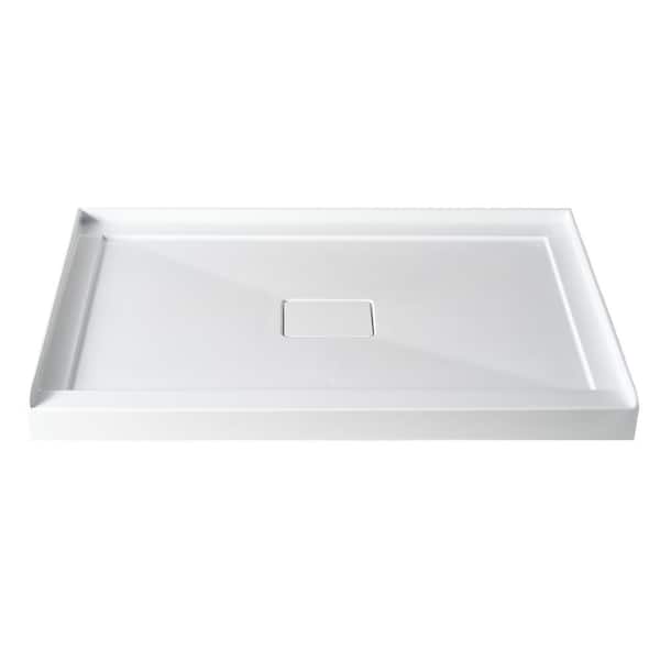 48 in. L x 32 in. W White Single Threshold Alcove Shower Pan Base Rectangular Acrylic Shower Tray with Center Drain