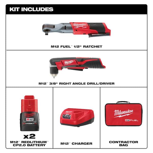 M12 FUEL 12V Lithium-Ion Brushless 1/2 in. Cordless Ratchet Kit w (2) 2. 0Ah Batteries, Charger, Bag & Right Angle Drill