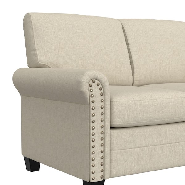 Modern 82.68 in W Round Arm Linen Upholstery Polyester Nailhead Trim Straight 3-Seat Sofa with Storage in Beige