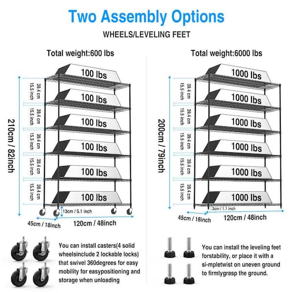 6-Tiers Black with Wheels Adjustable Height Heavy Steel Load Capacity 6000lbs Rectangles Warehouse Wire Shelves