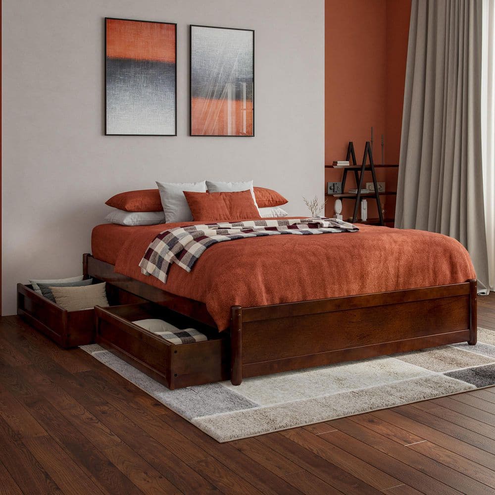 Barcelona Walnut Full Wood Panel Platform Bed with Storage Drawers