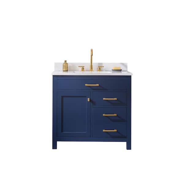 Jasper 36 in. W x 22 in. D Bath Vanity in Navy Blue with Engineered Stone Vanity in Carrara White with White Sink