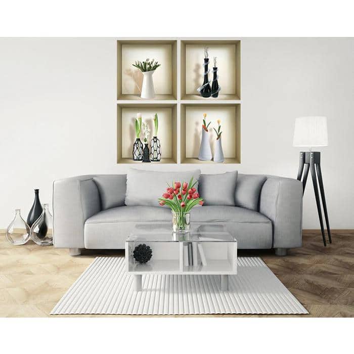 Set of Four 12 x 12 Inch Beige and Black Faux Niche 3D Wall Decals