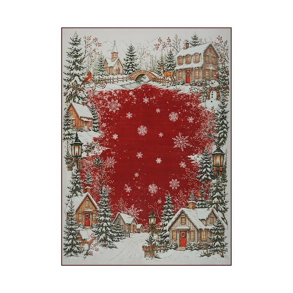 Snowy Village 5 ft. x 7 ft. Red Christmas Washable Area Rug