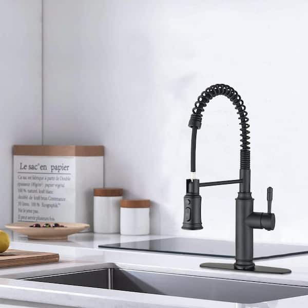 Single-Handle Touch Deck Mount Gooseneck Pull Down Sprayer Kitchen Faucet in Matte Black