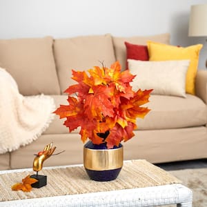 18 in. Autumn Maple Leaf Artificial Plant in Blue and Gold Planter