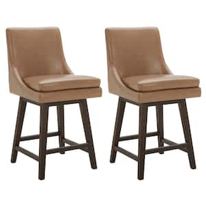 Fiona 26.8 in. Saddle Brown High Back Solid Wood Frame Swivel Counter Height Bar Stool with Faux Leather Seat(Set of 2)