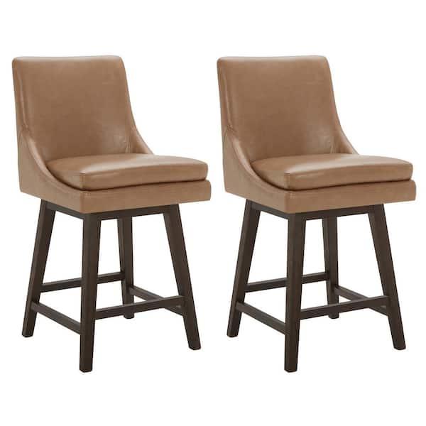 Spruce & Spring Fiona 26.8 in. Saddle Brown High Back Solid Wood Frame Swivel Counter Height Bar Stool with Faux Leather Seat(Set of 2)