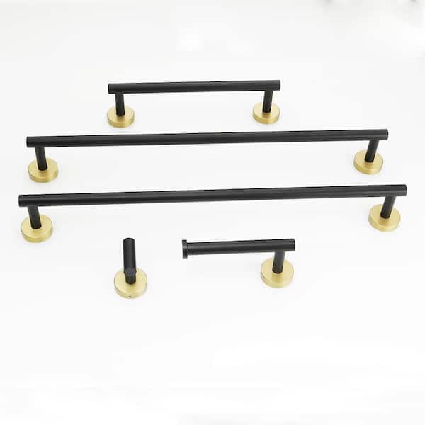 Tahanbath 5-Piece Bath Hardware Set with Mounting Hardware Include Towel Bar in Matte Black and Brushed Gold Wall Mounted