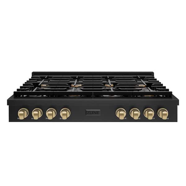 ZLINE Kitchen and Bath Autograph Edition Paramount 48 in. 8-Burner Porcelain Cooktop in Black Stainless Steel with Champagne Bronze Accents