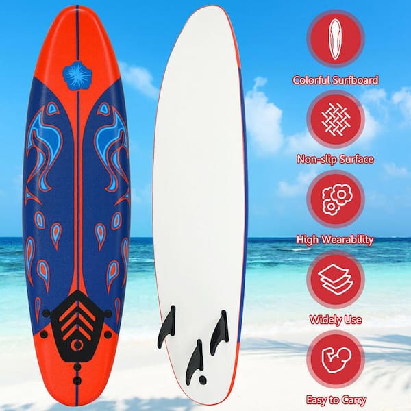 Costway 72 in. Red Surfboard Foamie Body Surfing Board W/3