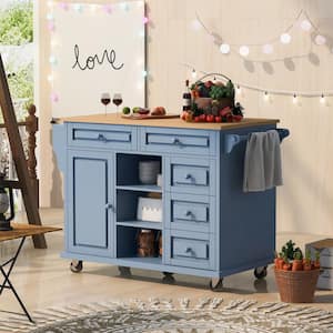 Gray Blue Rubber Wood 53 in. Kitchen Island with Storage Cabinet and 5-Drawers